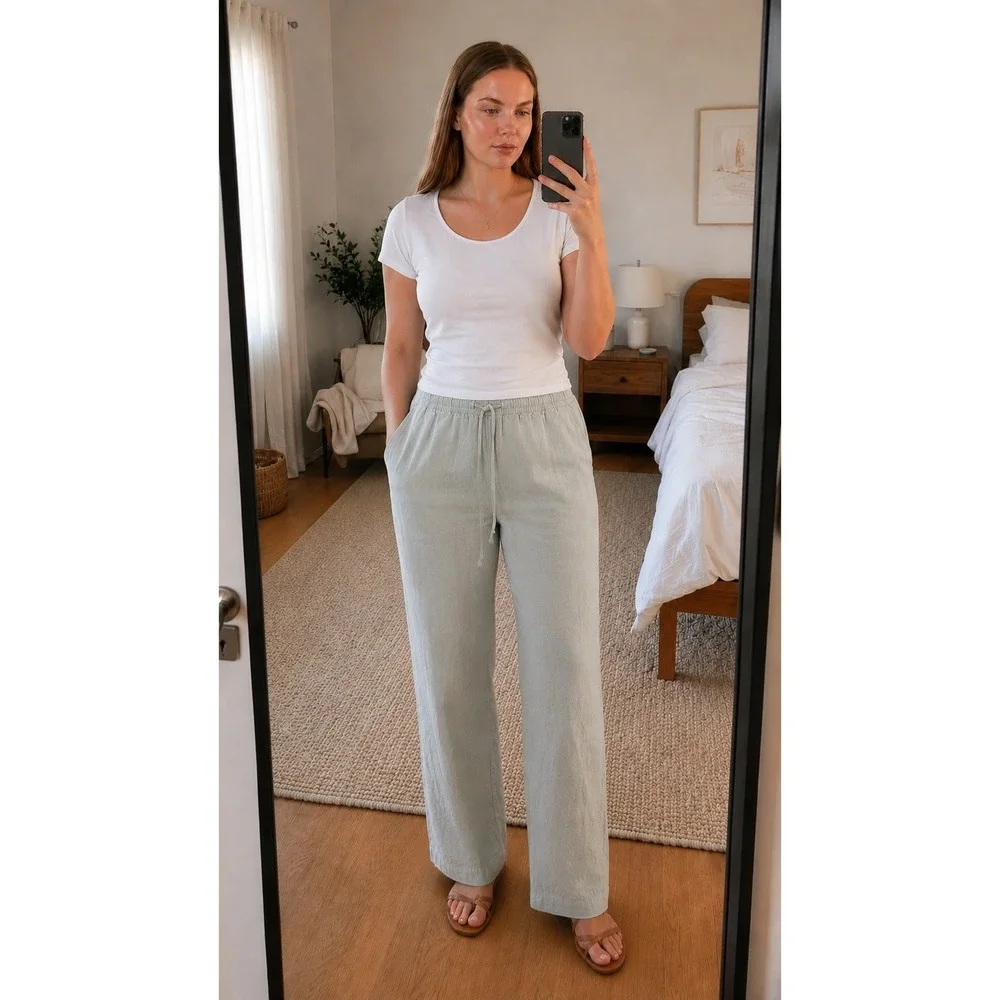 Womens Linen‎ Pants Large Beige Drawstring Casual Coastal Minimalist Beach Boho